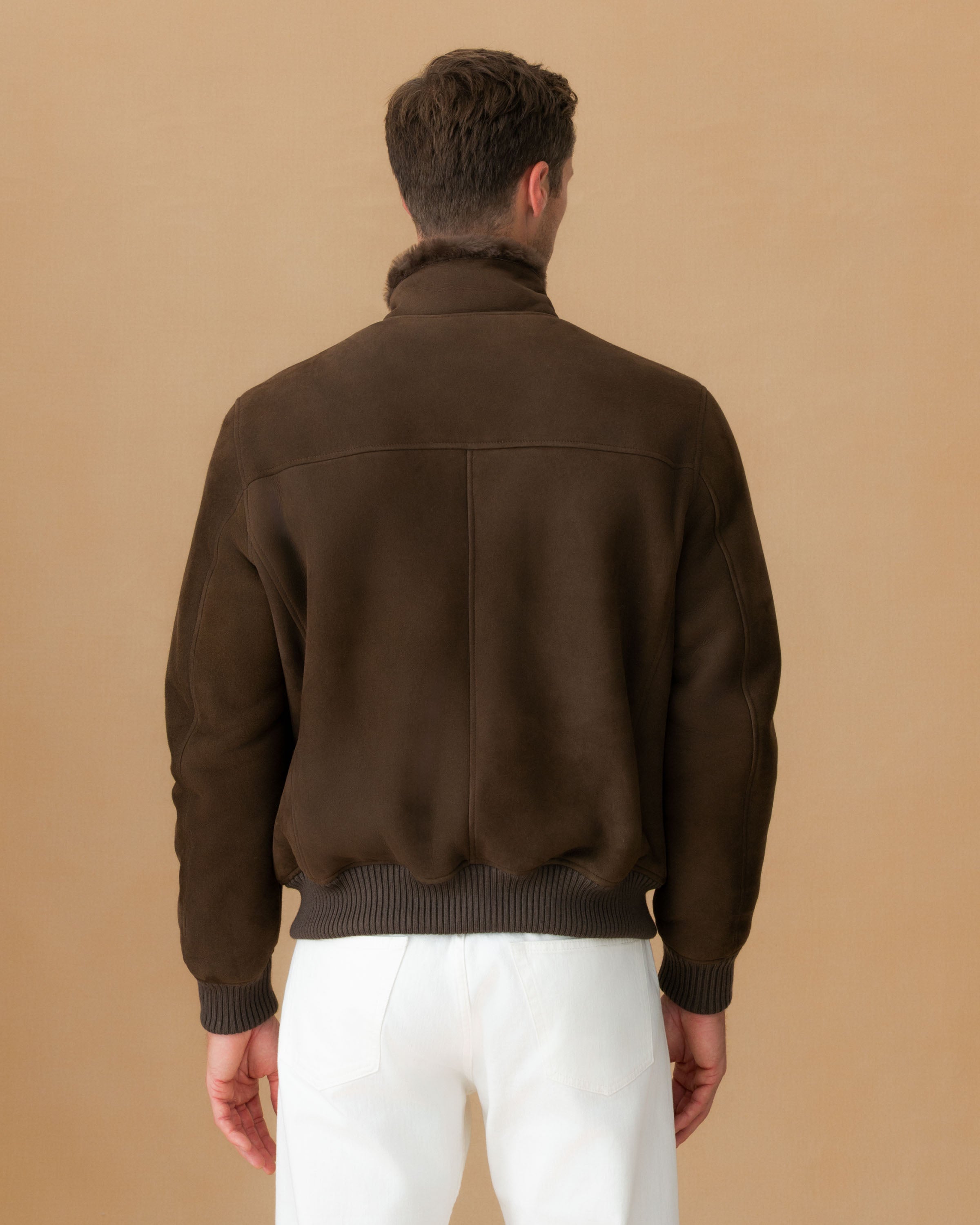 Suede Shearling Mock Collar Bomber Jacket Caffe Back Model Image