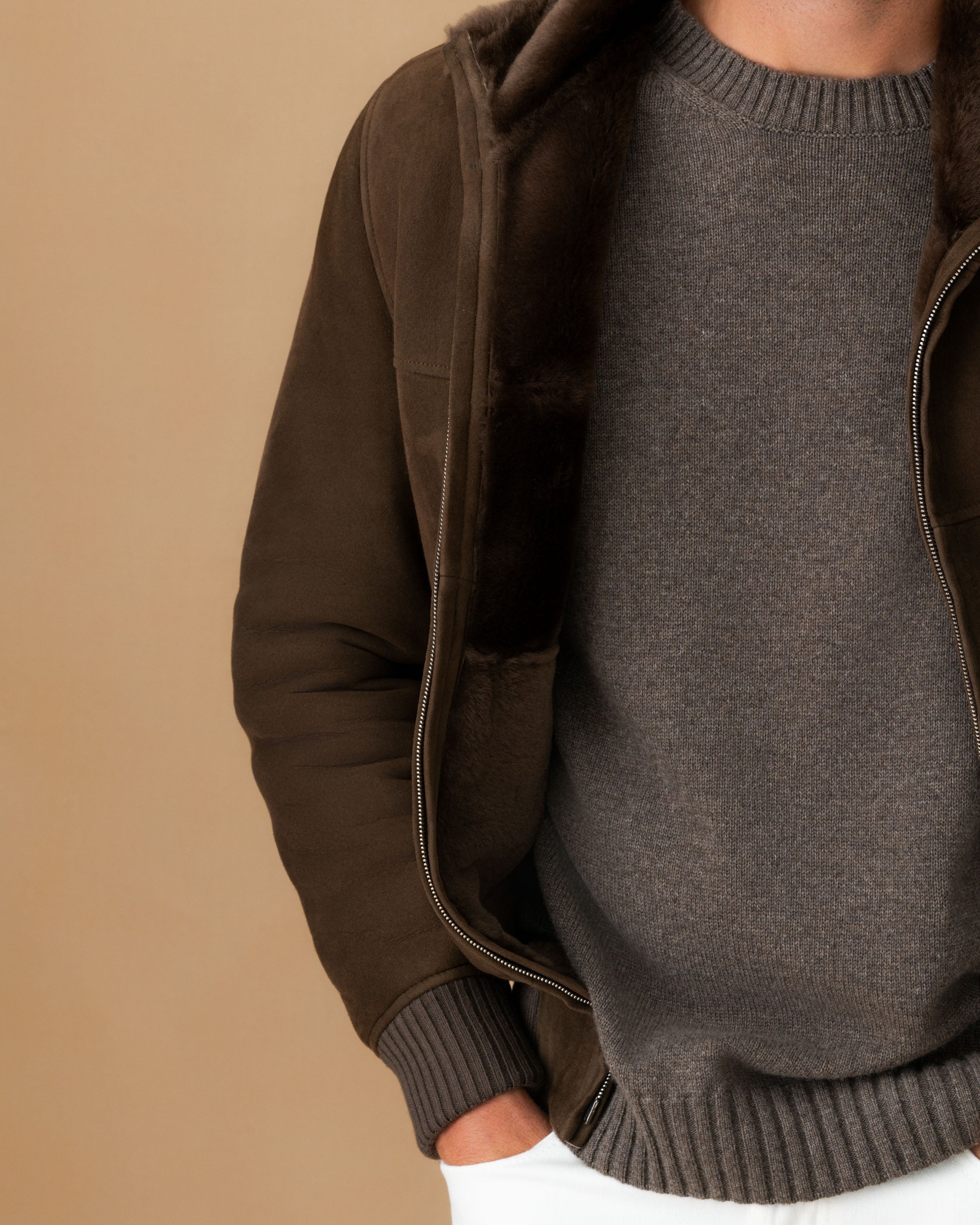 Suede Shearling Mock Collar Bomber Jacket Caffe Fur Model Image