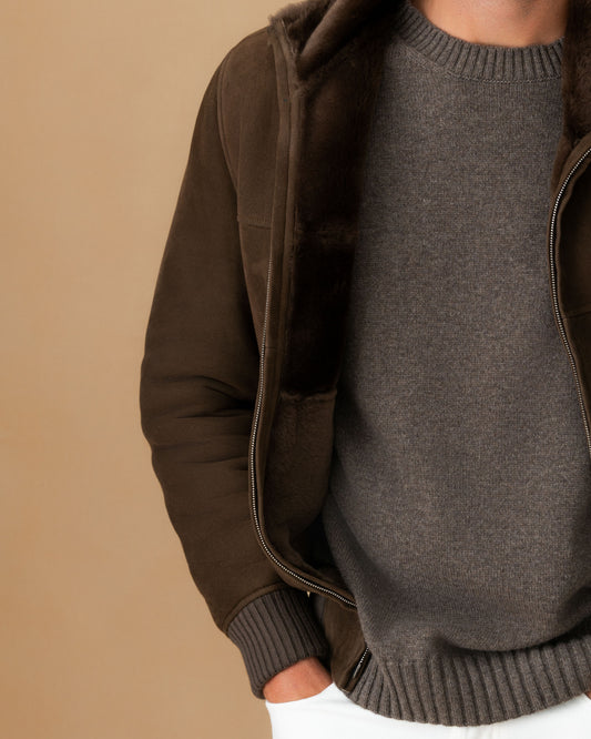 Suede Shearling Mock Collar Bomber Jacket Caffe Fur Model Image