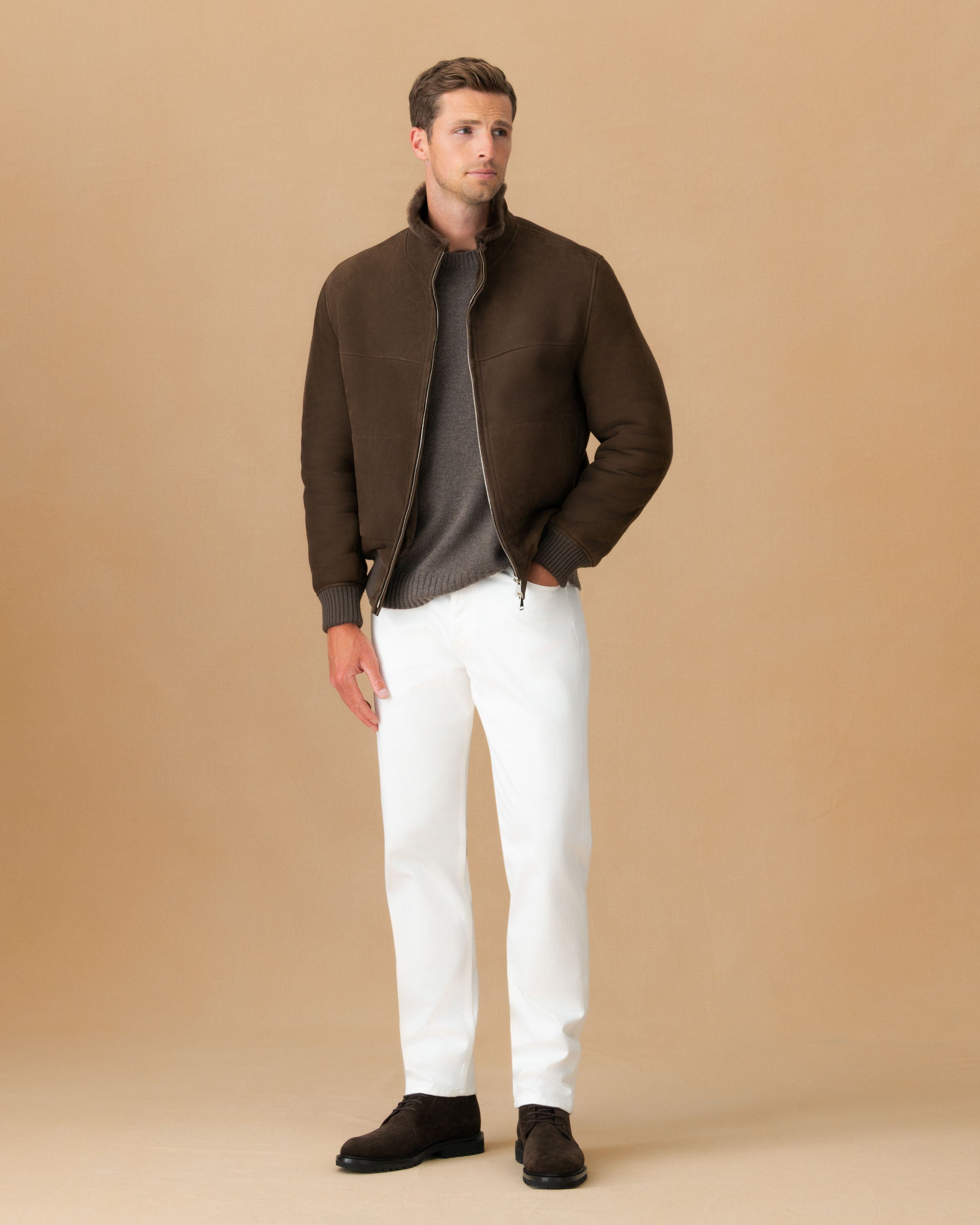 Suede Shearling Mock Collar Bomber Jacket Caffe Main Model Image