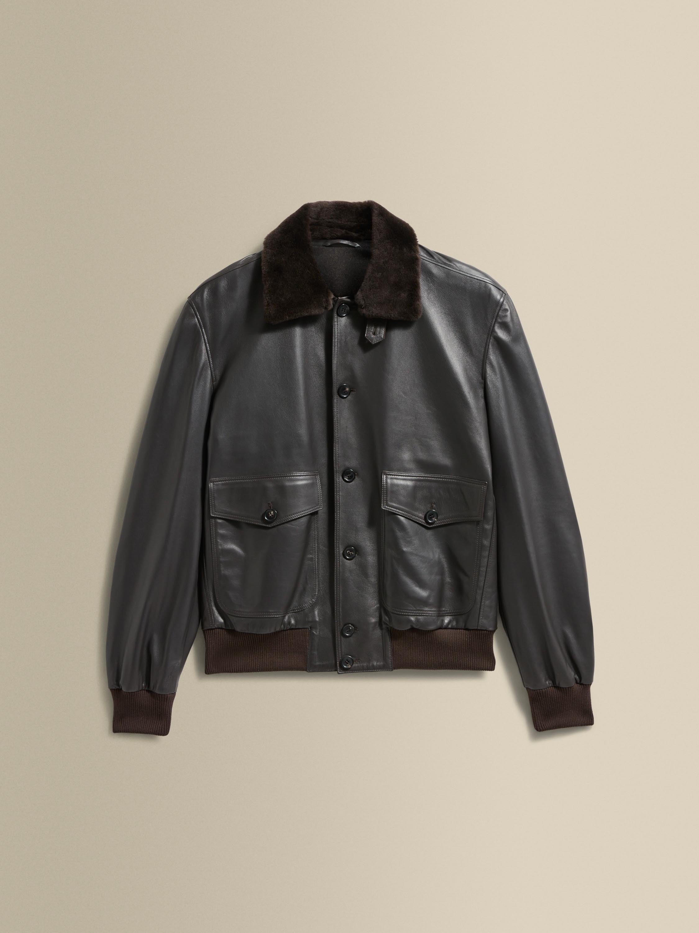 Leather Button Through Bomber Jacket Dark Brown Product Image
