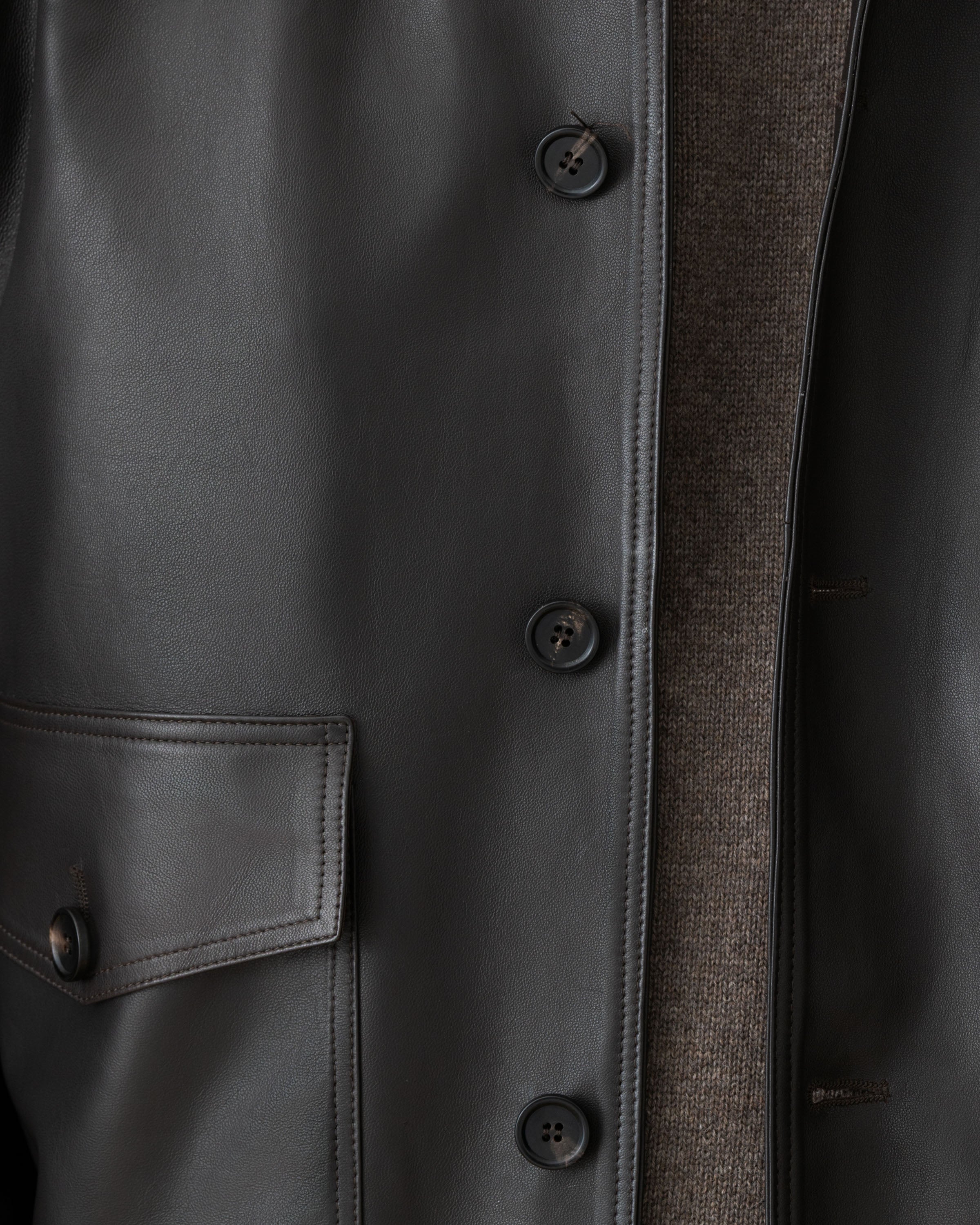 Leather Button Through Bomber Jacket Dark Brown Button Model Image