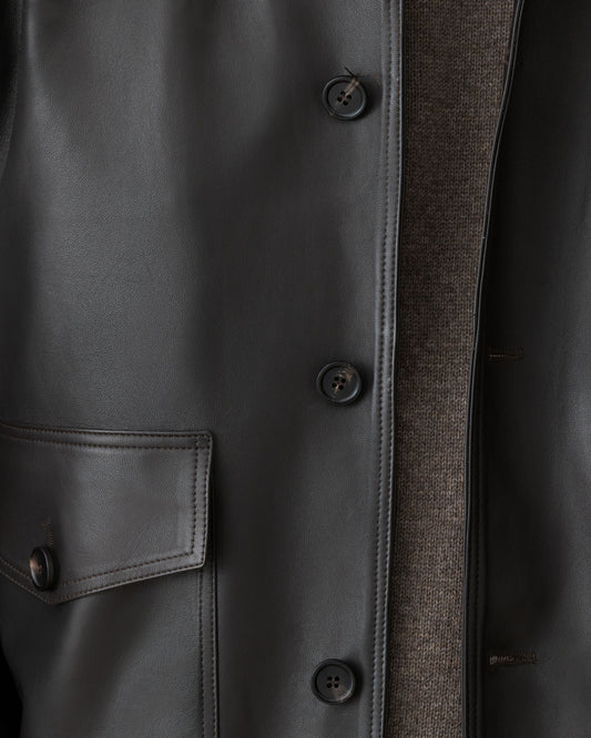 Leather Button Through Bomber Jacket Dark Brown Button Model Image