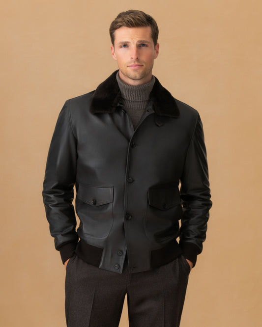 Leather Button Through Bomber Jacket Dark Brown Cropped Model Image