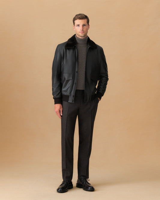 Leather Button Through Bomber Jacket Dark Brown Main Model Image