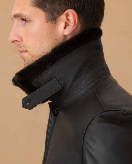 Leather Button Through Bomber Jacket Dark Brown Collar Model Image