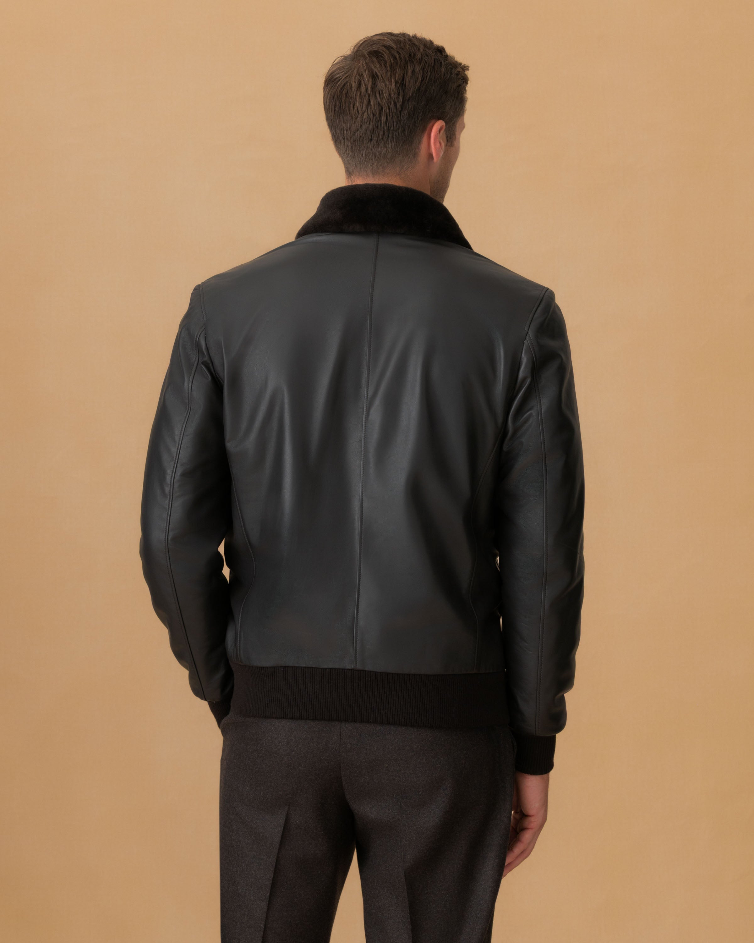 Leather Button Through Bomber Jacket Dark Brown Back Model Image