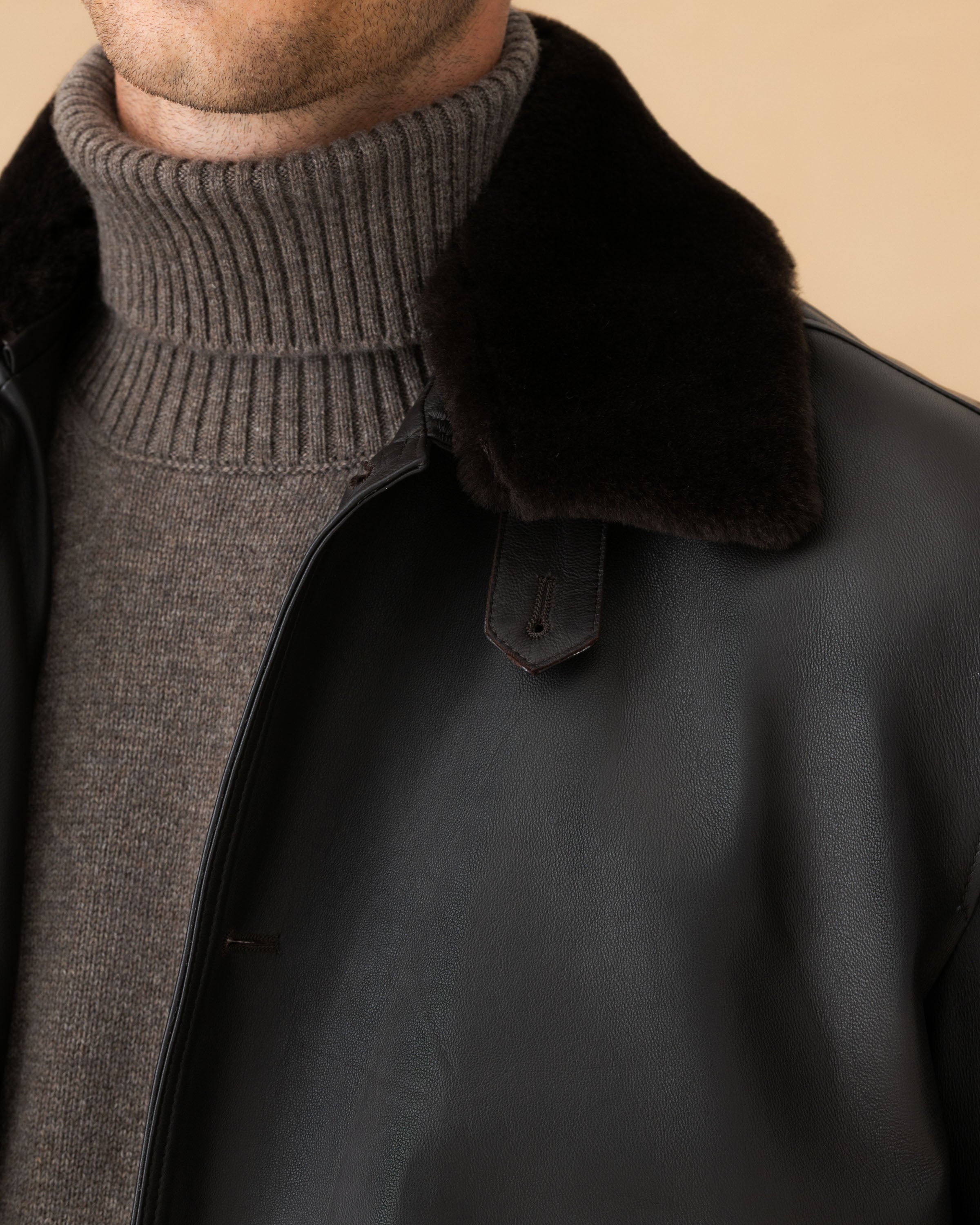 Leather Button Through Bomber Jacket Dark Brown Fur Collar Model Image