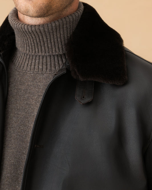 Leather Button Through Bomber Jacket Dark Brown Fur Collar Model Image