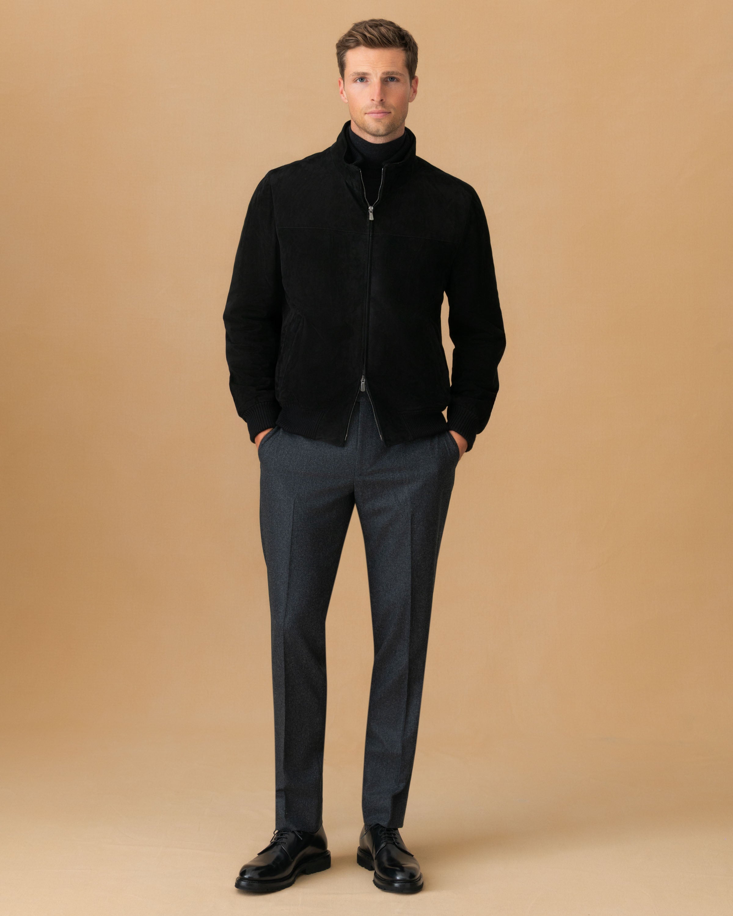 Flannel Flat Front Tailored Trousers Grey Model Main Image