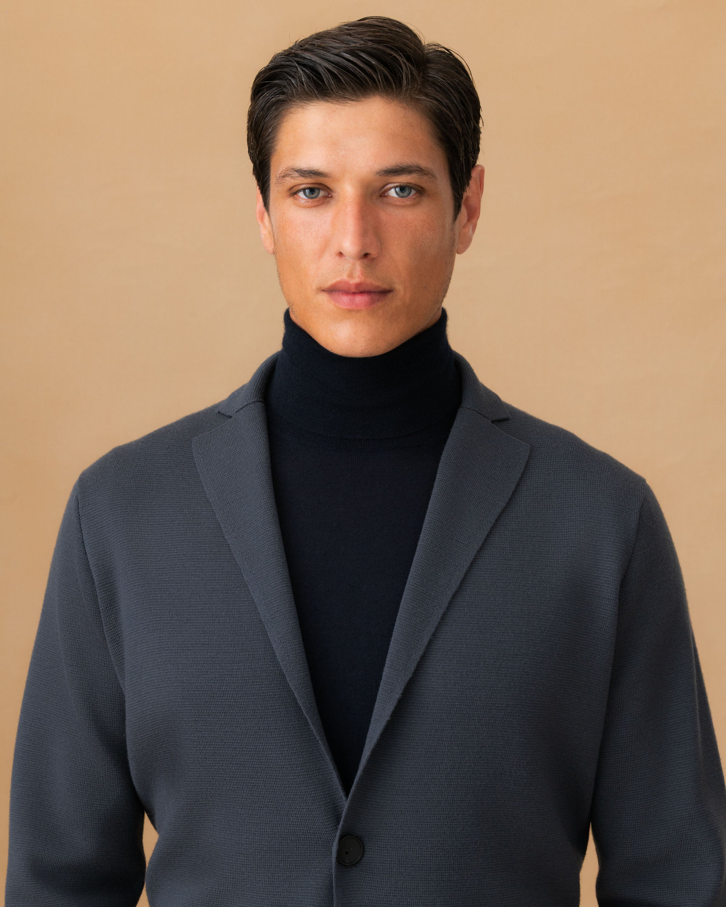 Wool Knitted Blazer Slate Blue Collar Model Image