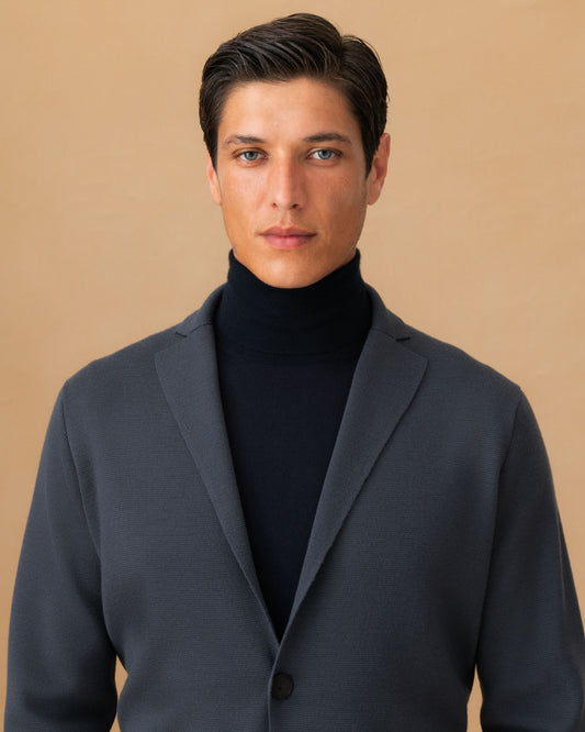Wool Knitted Blazer Slate Blue Collar Model Image