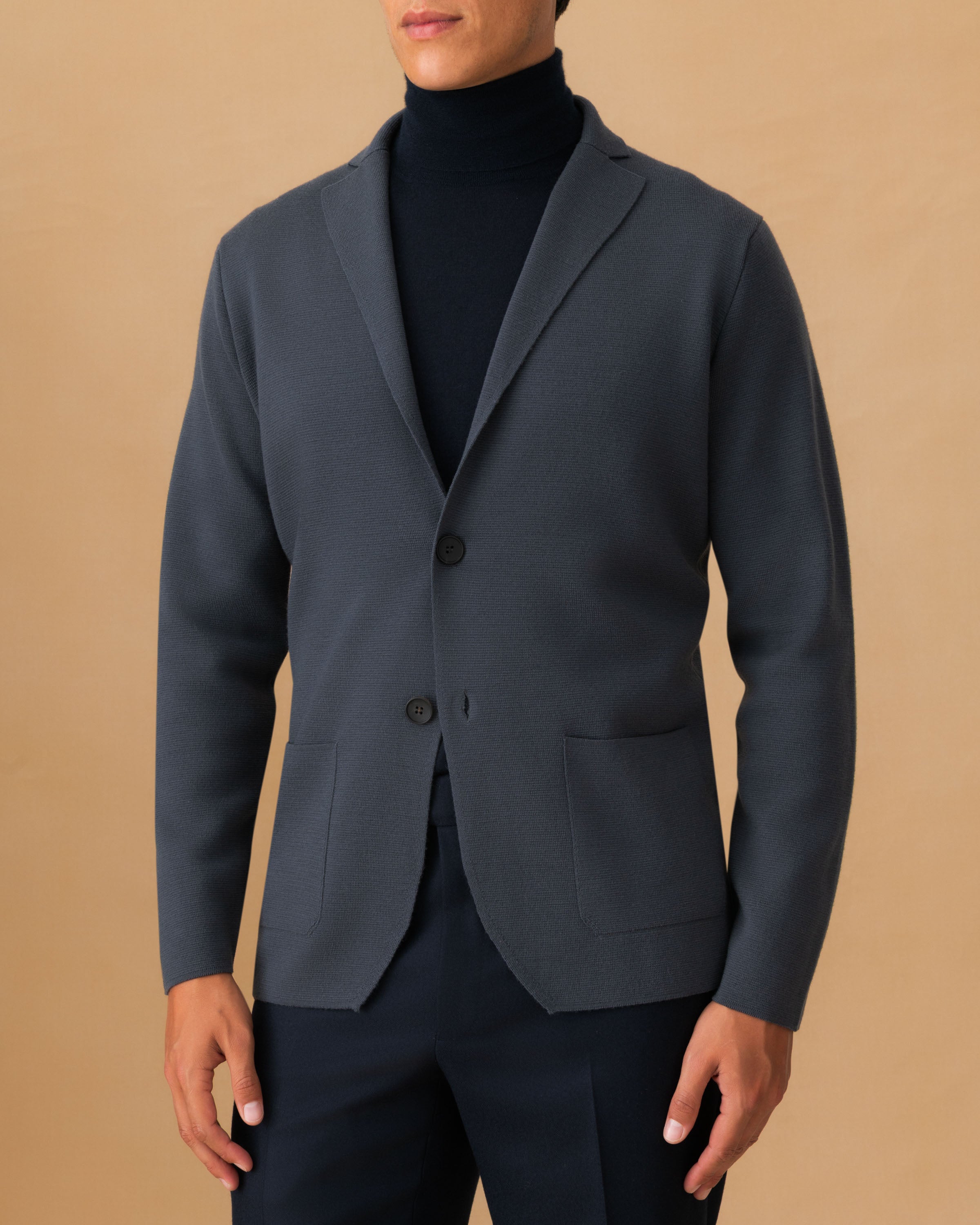 Wool Knitted Blazer Slate Blue Button Model Image