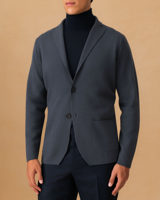 Wool Knitted Blazer Slate Blue Button Model Image