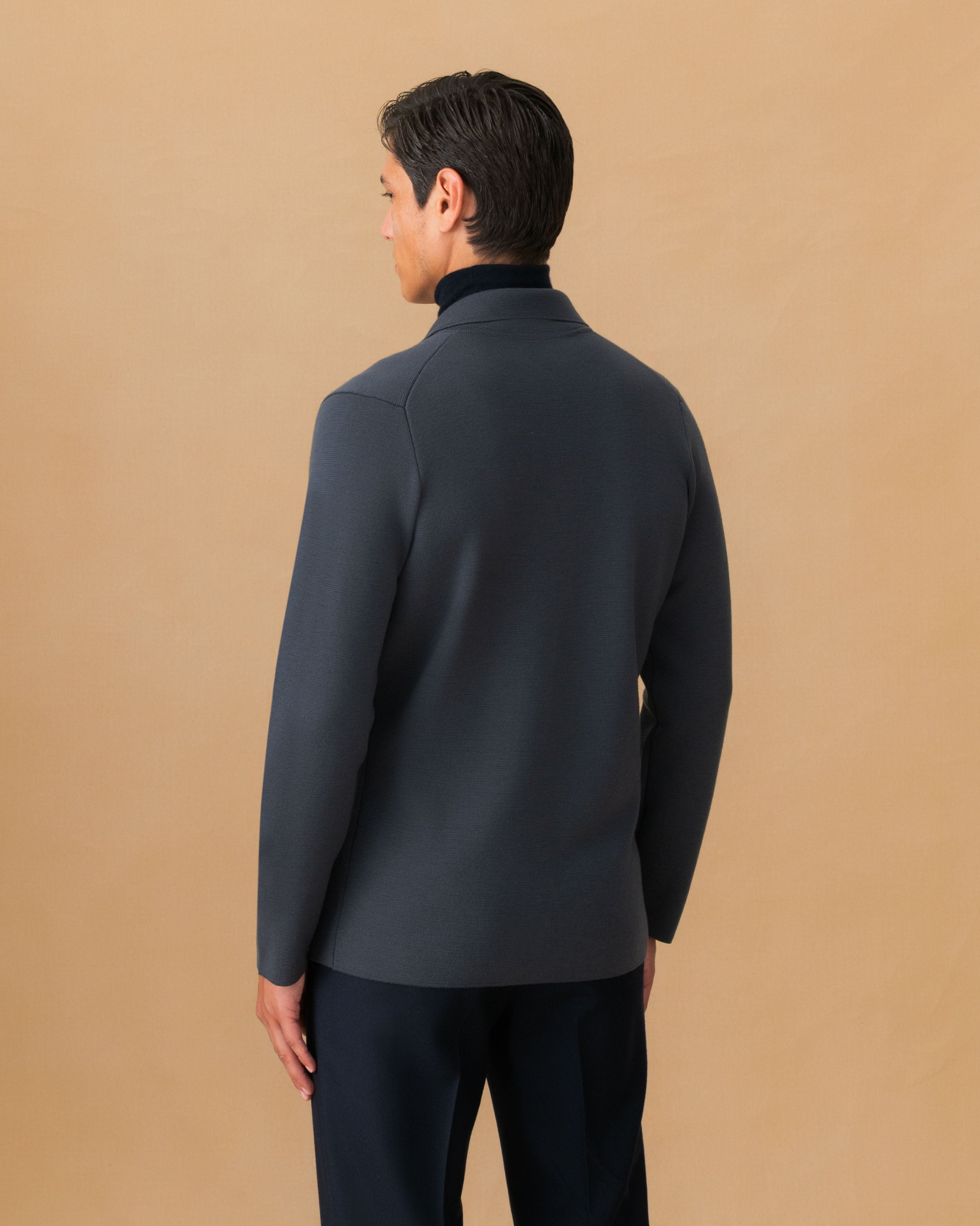Wool Knitted Blazer Slate Blue Back Model Image