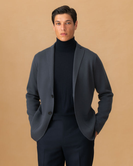 Wool Knitted Blazer Slate Blue Cropped Model Image