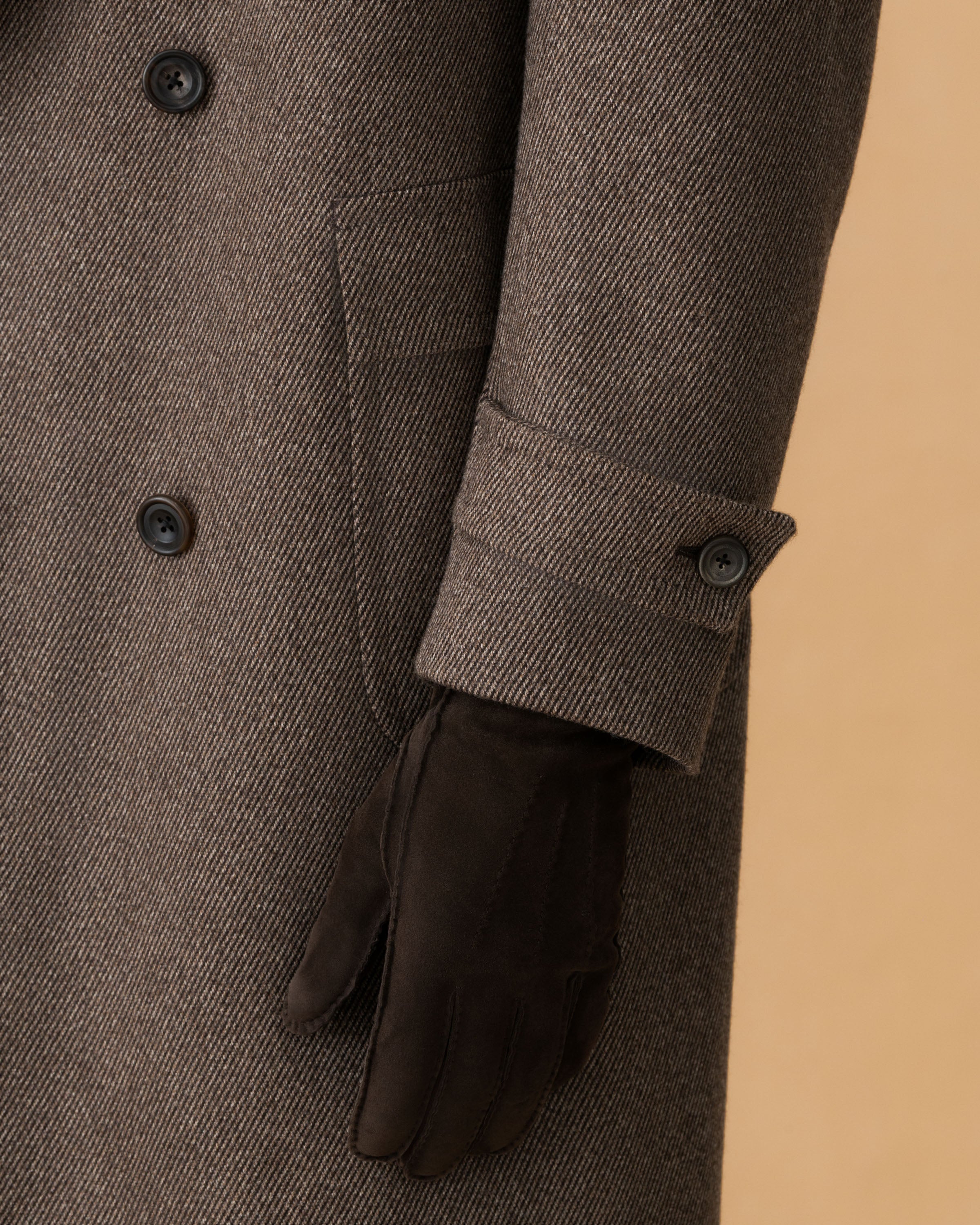 Wool Unstructured Double Breasted Overcoat Brown Sleeve Model Image
