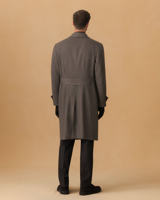 Wool Unstructured Double Breasted Overcoat Brown Back Model Image