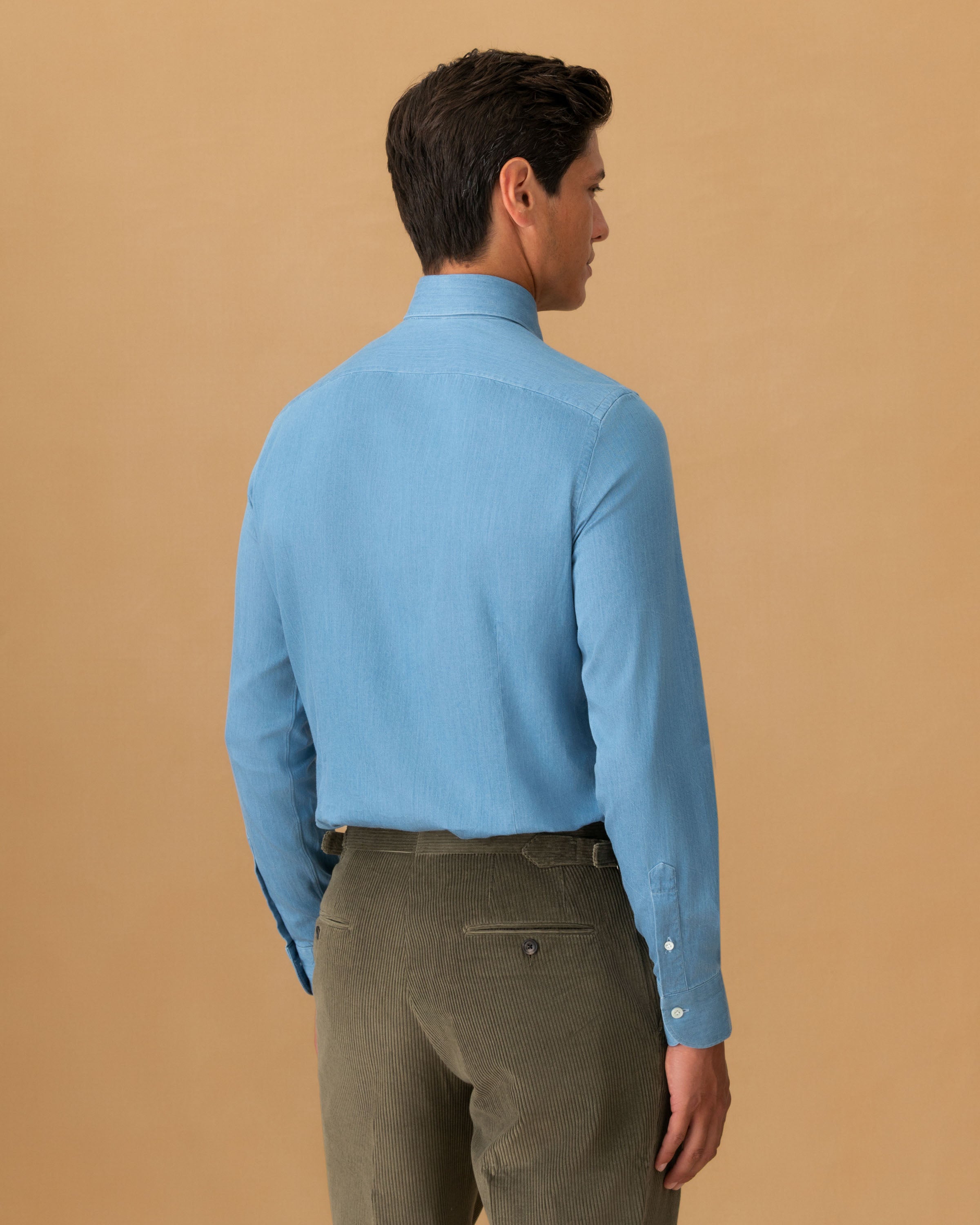 Denim Point Collar Shirt Light Denim Cropped Back Model Image