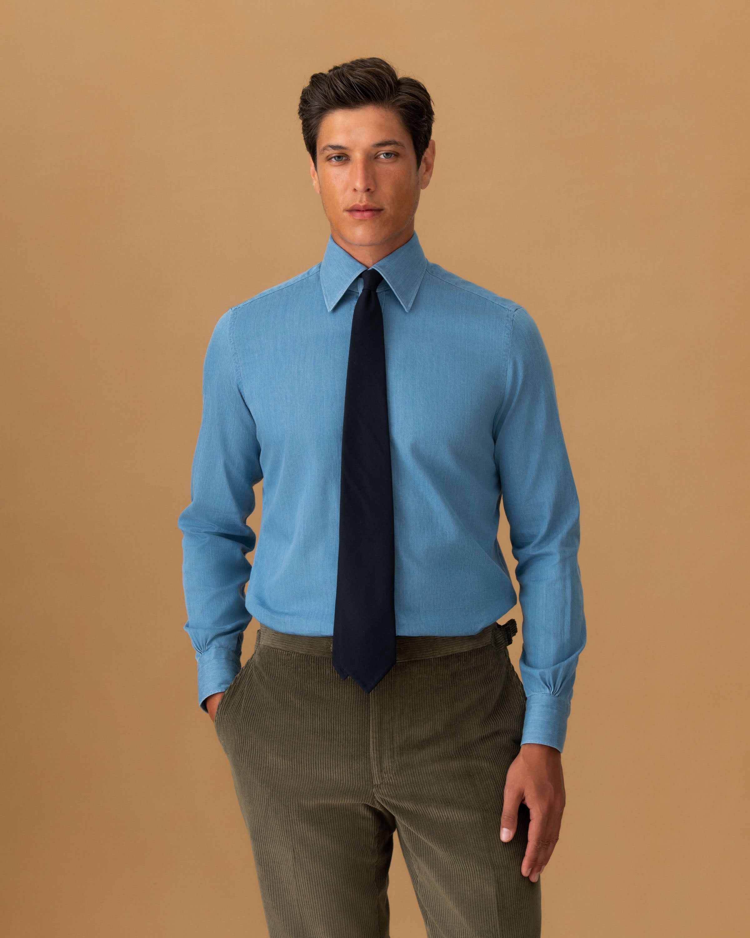 Denim Point Collar Shirt Light Denim Cropped Model Image