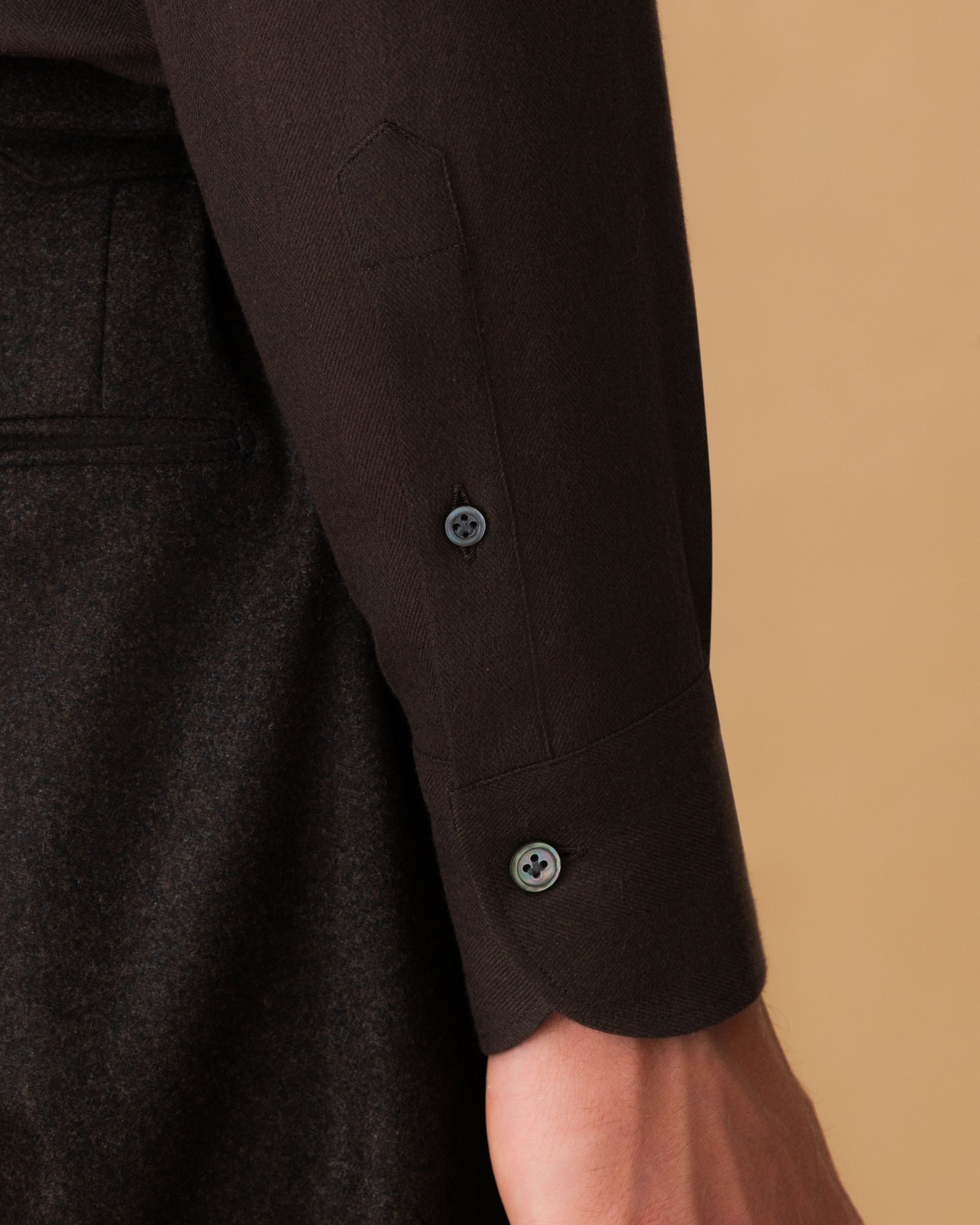 Flannel Point Collar Shirt Dark Brown Cuff Model Image