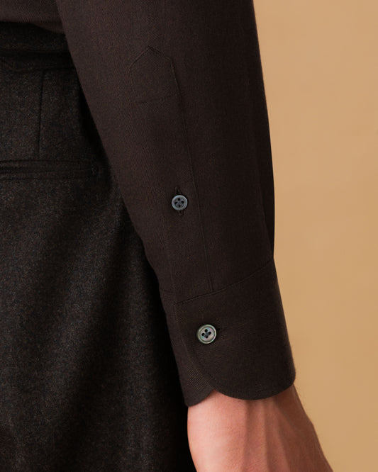 Flannel Point Collar Shirt Dark Brown Cuff Model Image