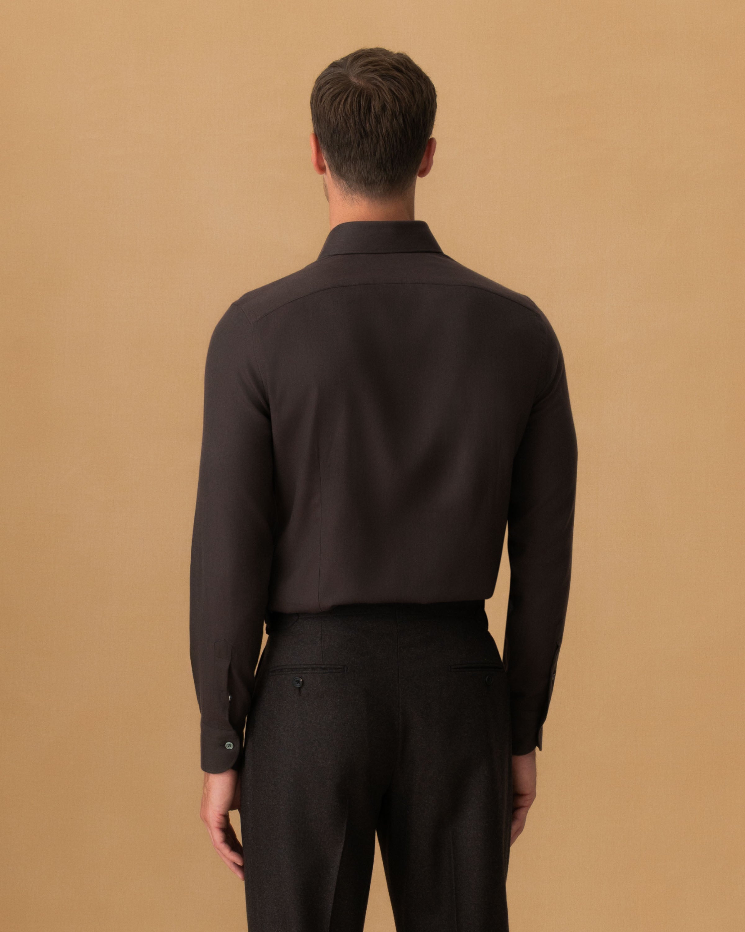 Flannel Point Collar Shirt Dark Brown Back Model Image