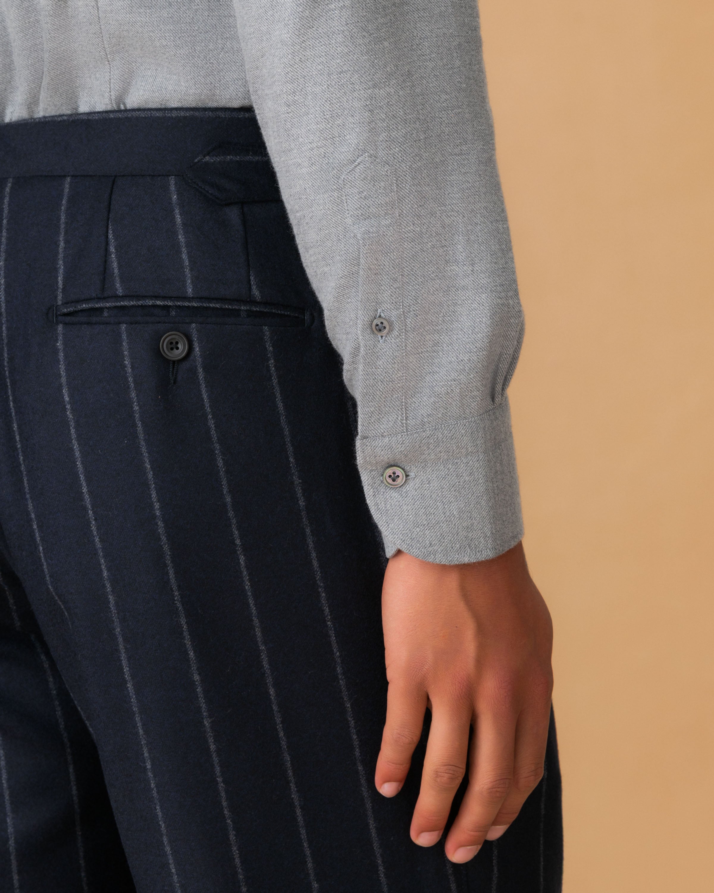 Flannel Point Collar Shirt Light Grey Cuff Model Image