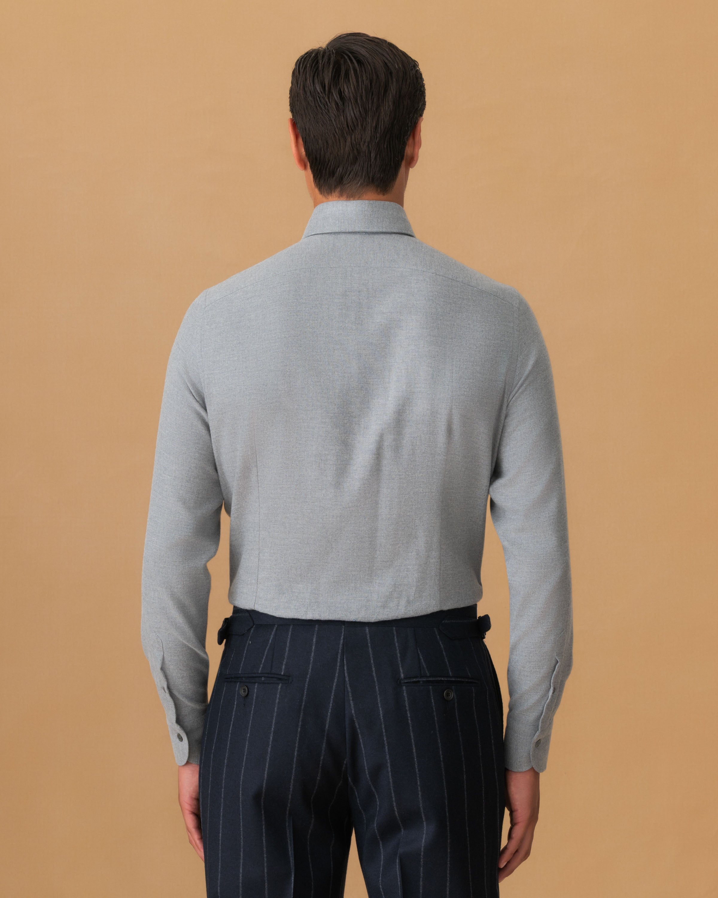 Flannel Point Collar Shirt Light Grey Back Model Image