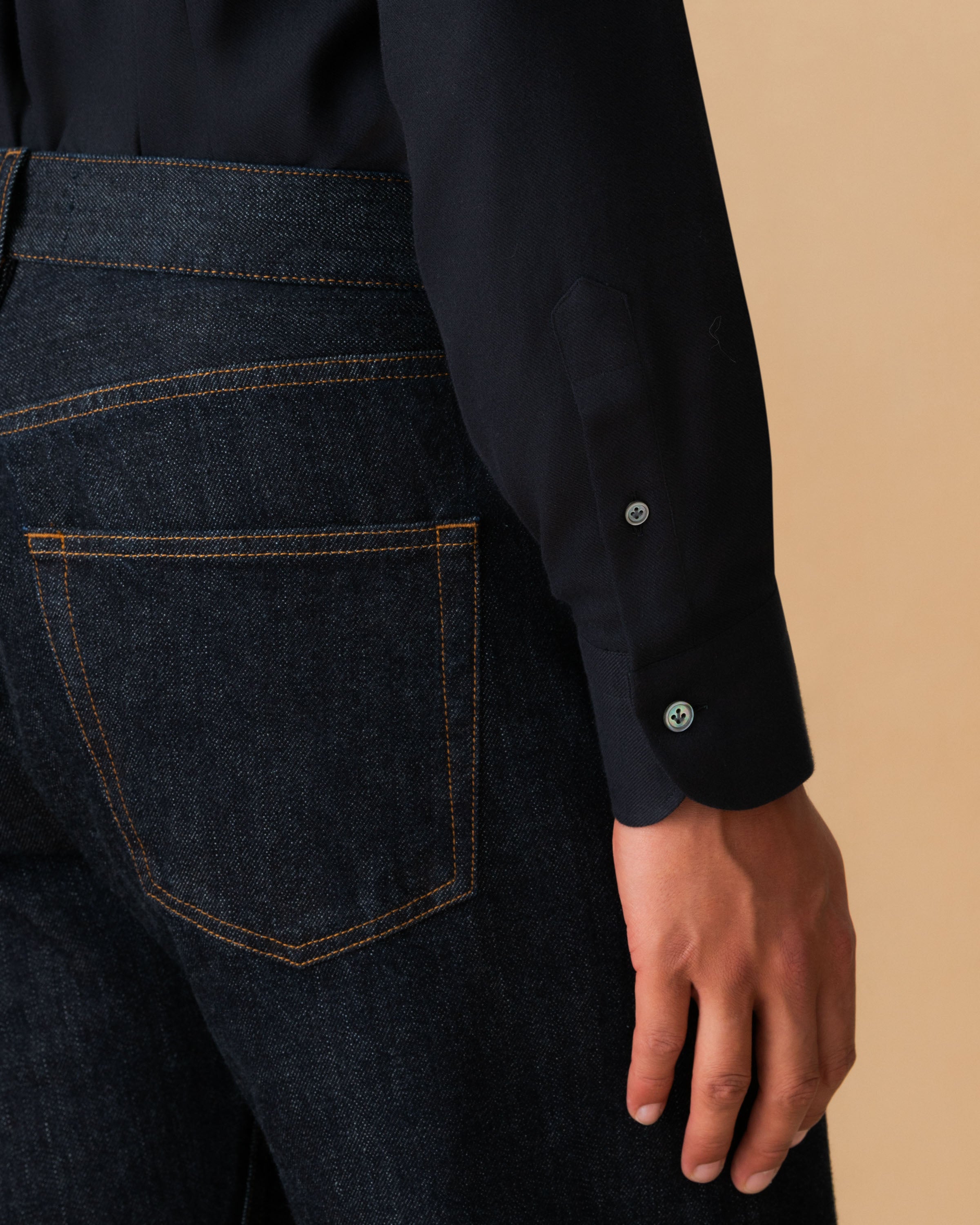 Flannel Point Collar Shirt Black Cuff Model Image