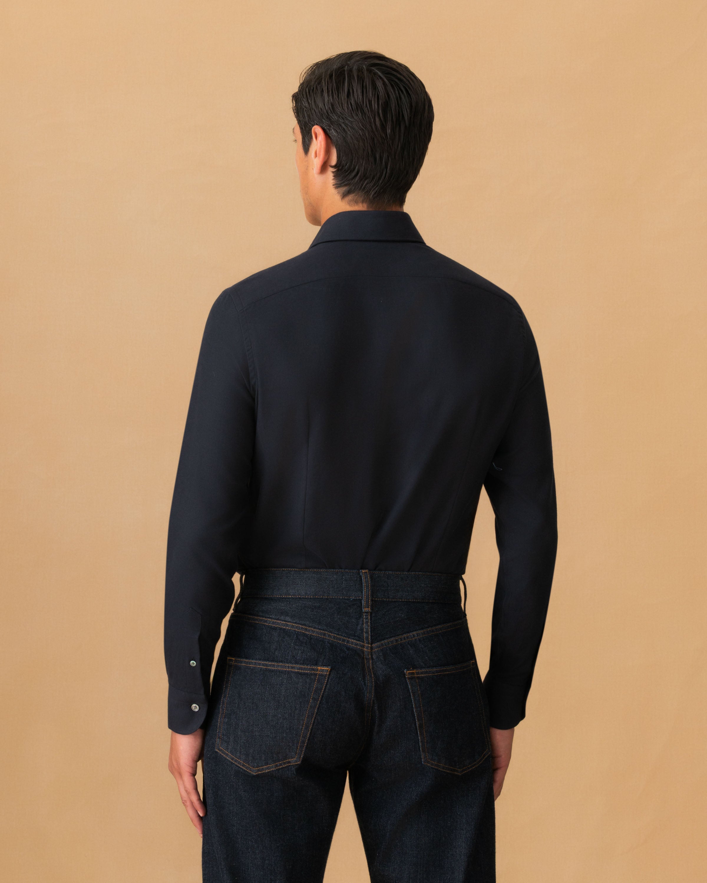 Flannel Point Collar Shirt Black Back Model Image