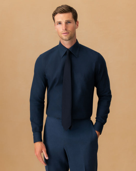 Flannel Point Collar Shirt Navy Cropped Model Image