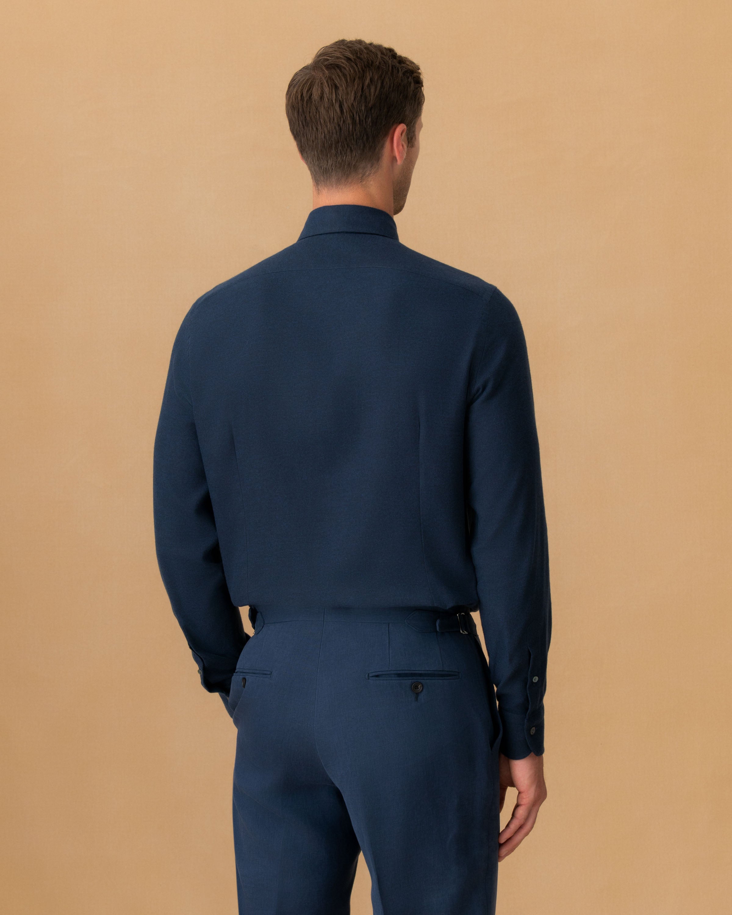 Flannel Point Collar Shirt Navy Back Model Image