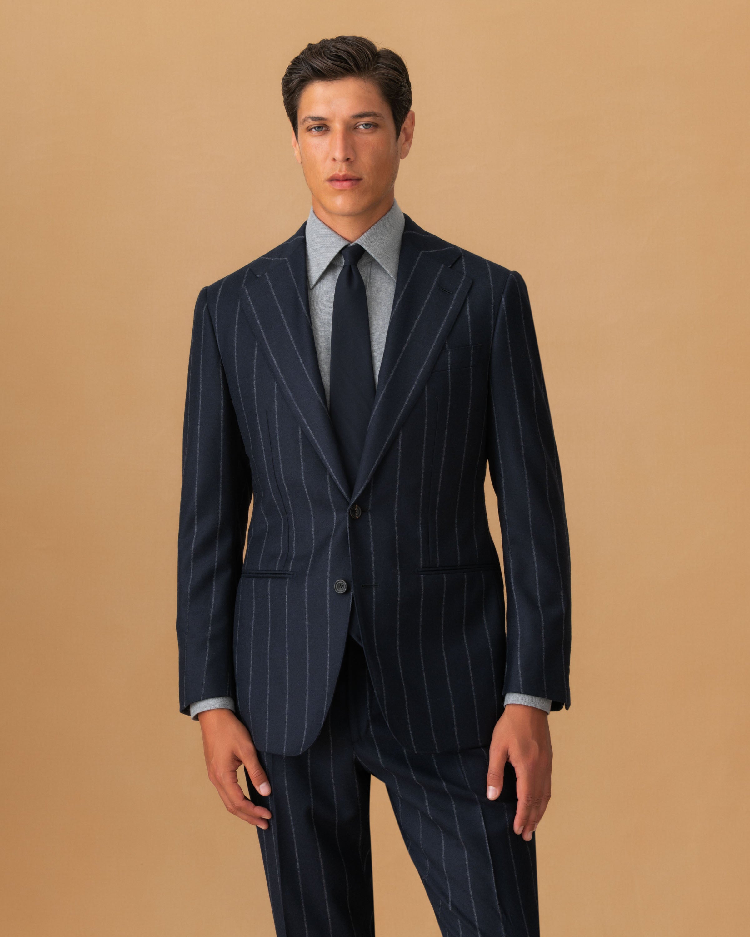 Wool Cashmere Single Breasted Suit Navy Pin Stripe Jacket Cropped Model Image