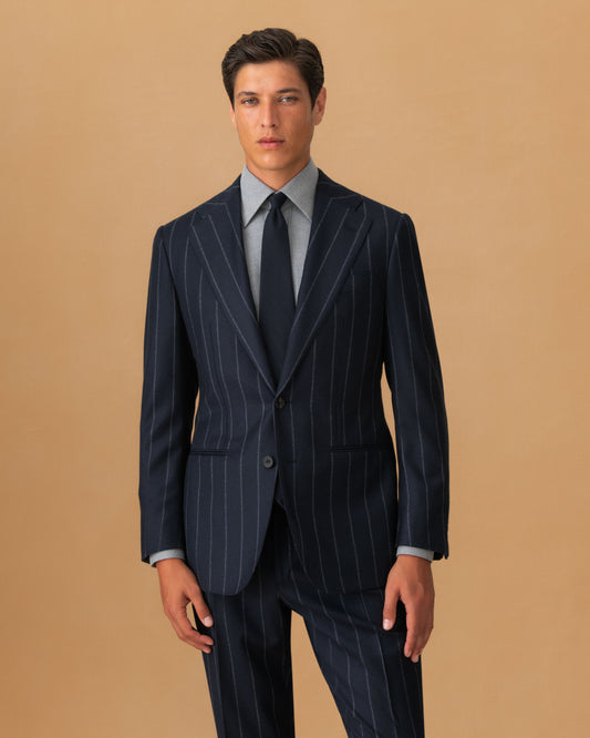 Wool Cashmere Single Breasted Suit Navy Pin Stripe Jacket Cropped Model Image