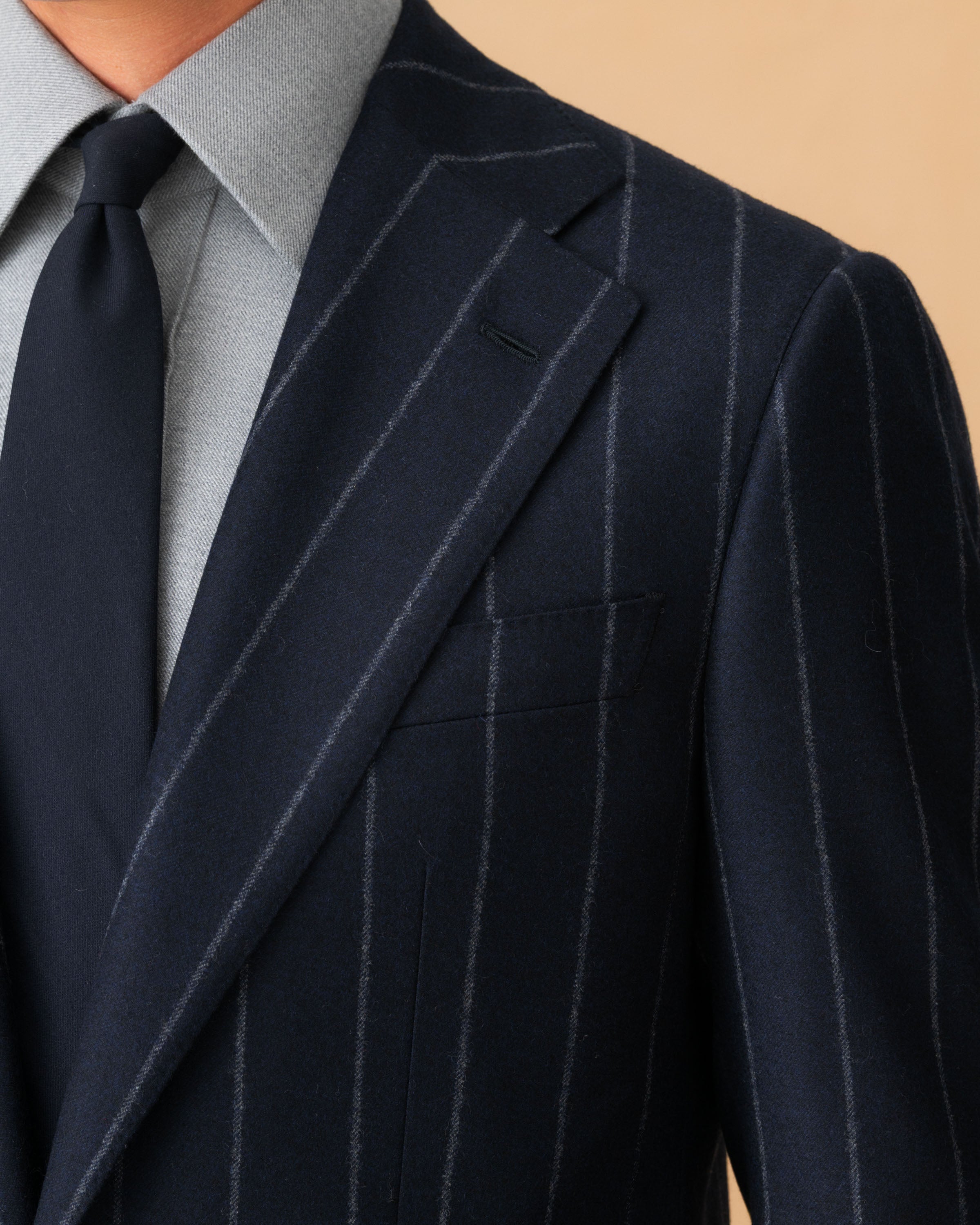 Wool Cashmere Single Breasted Suit Navy Pin Stripe Jacket Lapel Model Image
