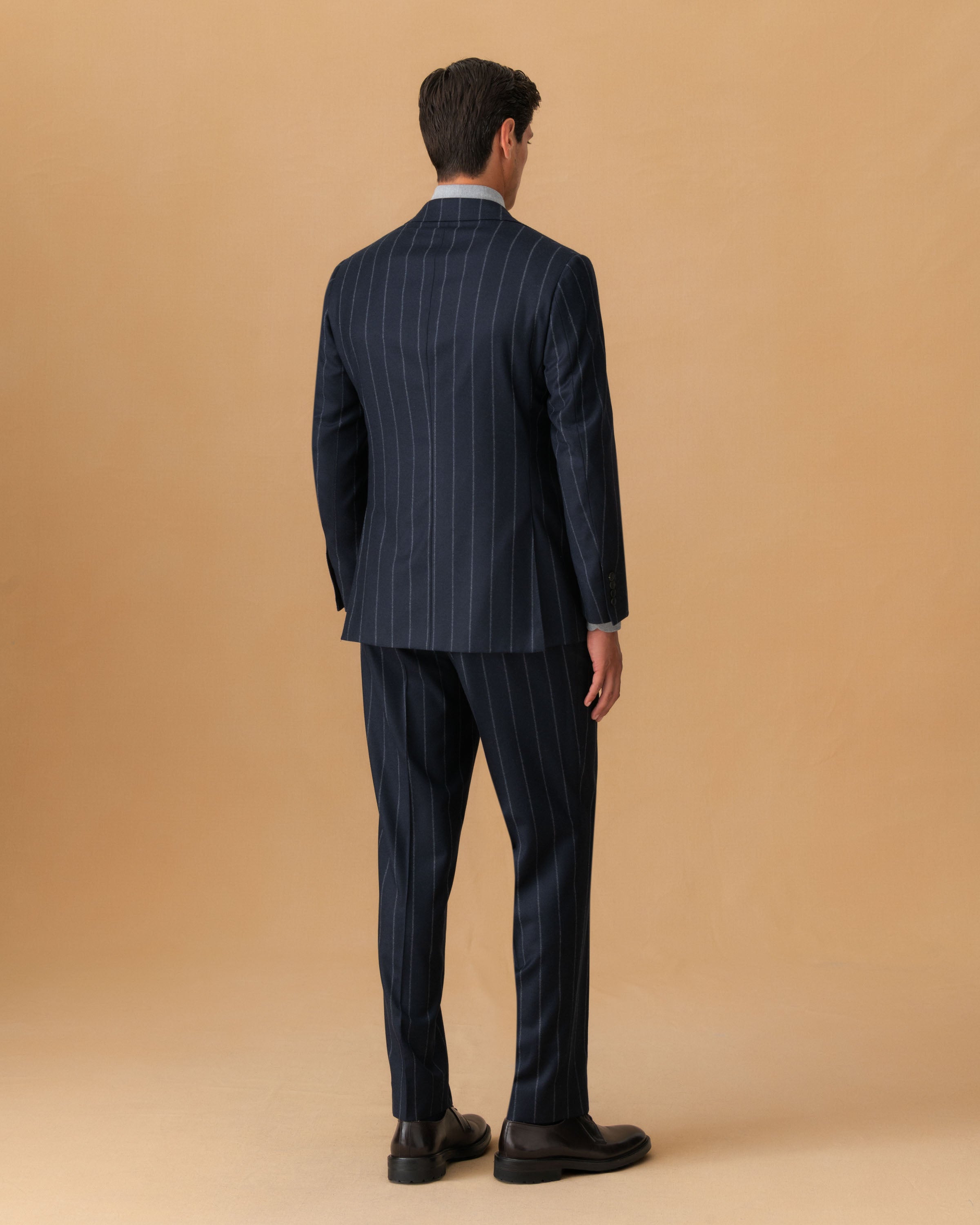 Wool Cashmere Single Breasted Suit Navy Pin Stripe Jacket Back Model Image