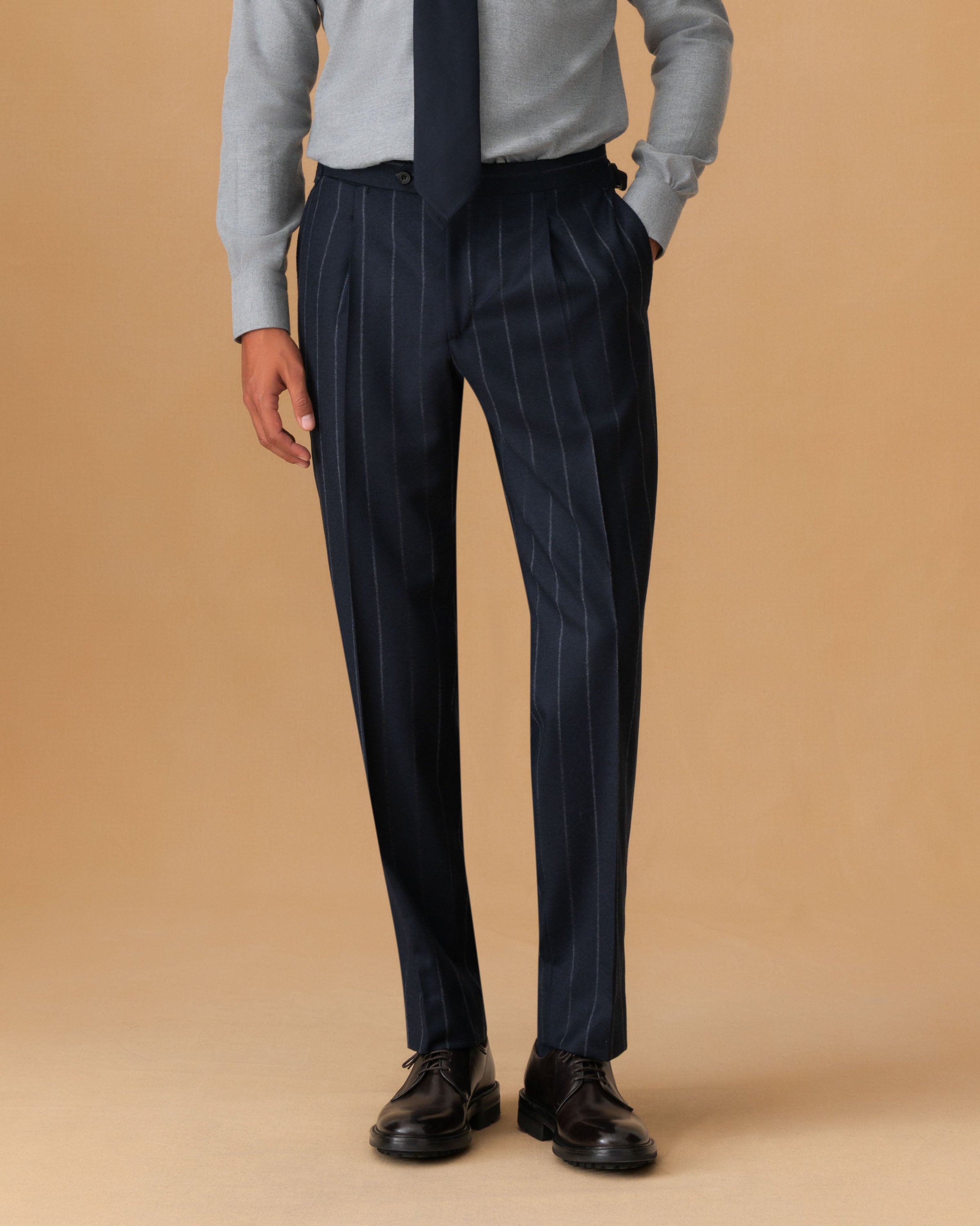 Wool Cashmere Single Breasted Suit Navy Pin Stripe Trousers Cropped Model Image