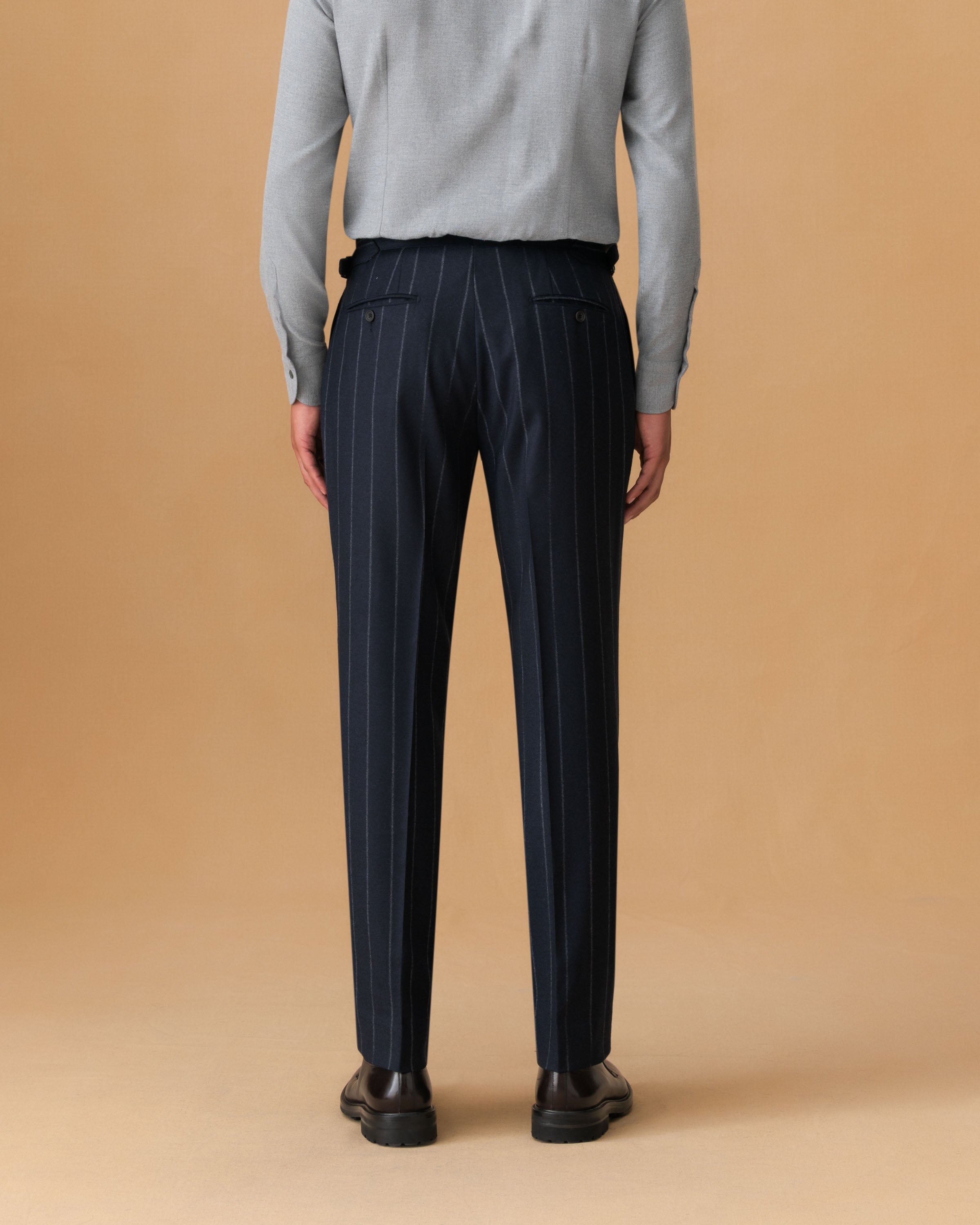 Wool Cashmere Single Breasted Suit Navy Pin Stripe Trousers Cropped Back Model Image