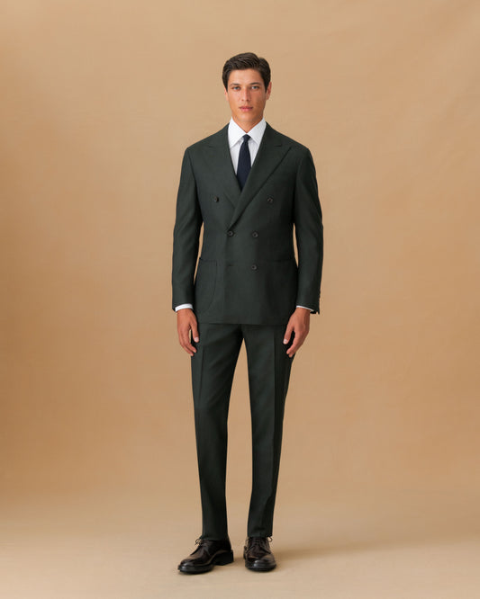 Virgin Wool Double Breasted Peak Lapel Suit Charcoal Green Jacket Main Model Image