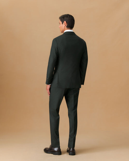 Virgin Wool Double Breasted Peak Lapel Suit Charcoal Green Jacket Back Model Image
