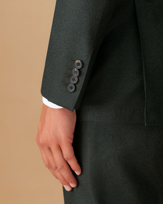 Virgin Wool Double Breasted Peak Lapel Suit Charcoal Green Jacket Cuff Model Image