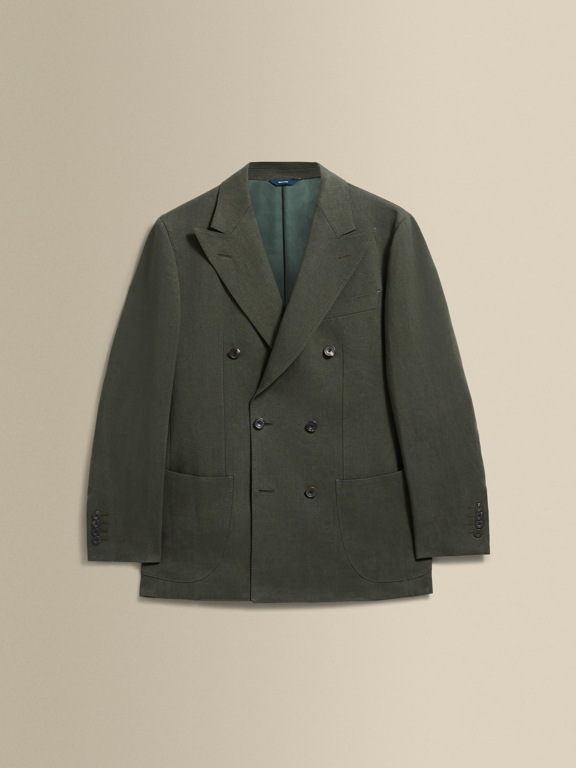 Linen Unstructured Double Breasted Peak Lapel Suit Olive Jacket Product Image