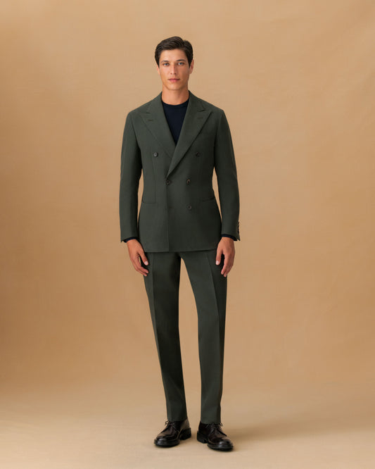 Linen Unstructured Double Breasted Peak Lapel Suit Olive Jacket Main Model Image