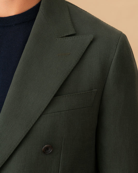Linen Unstructured Double Breasted Peak Lapel Suit Olive Jacket Lapel Model Image