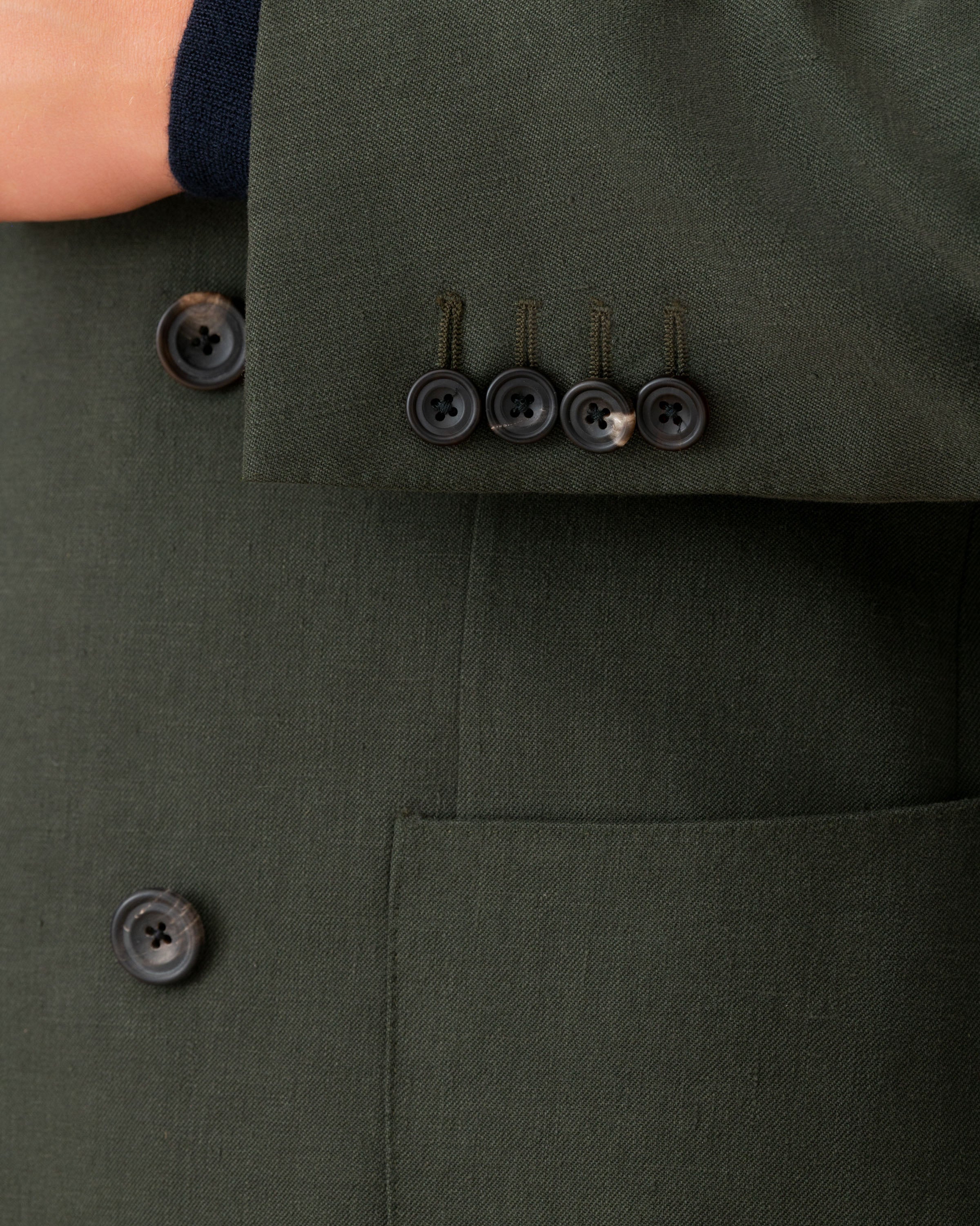 Linen Unstructured Double Breasted Peak Lapel Suit Olive Jacket Button Model Image