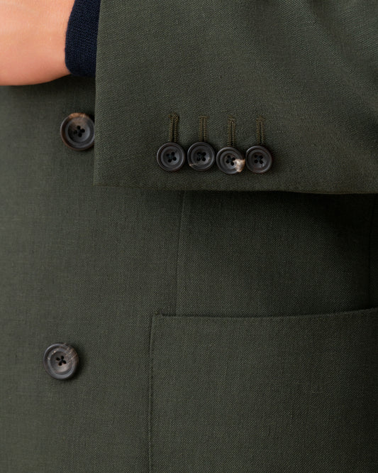 Linen Unstructured Double Breasted Peak Lapel Suit Olive Jacket Button Model Image