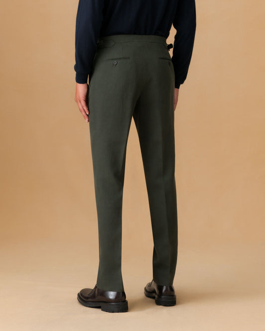 Linen Unstructured Double Breasted Peak Lapel Suit Olive Trouser Back Model Image