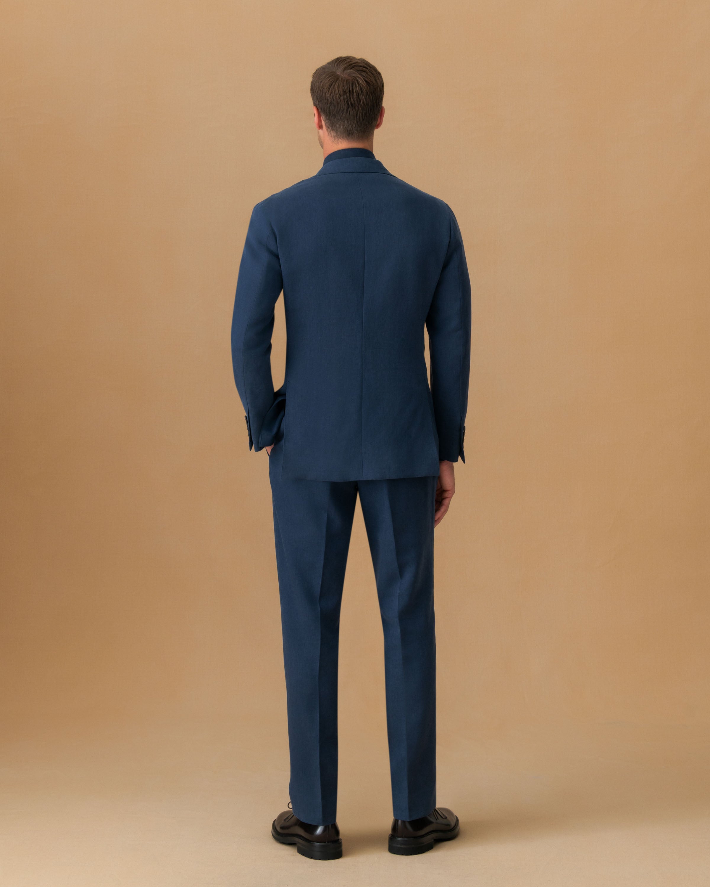 Linen Single Breasted Suit Mid Blue Trouser Back Model Image