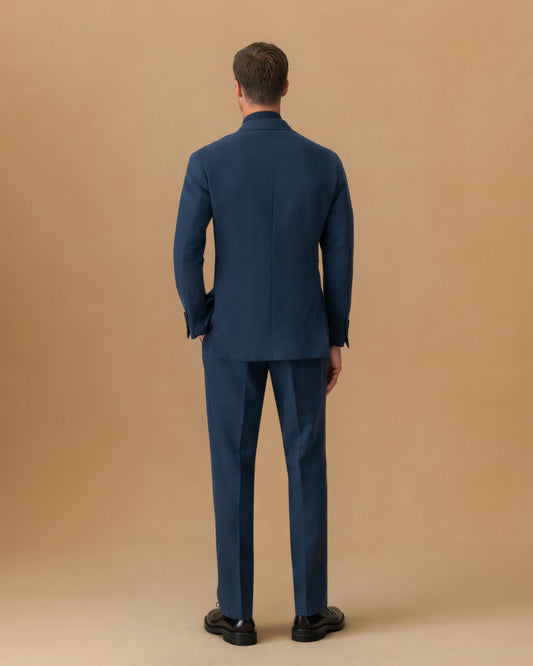 Linen Single Breasted Suit Mid Blue Trouser Back Model Image